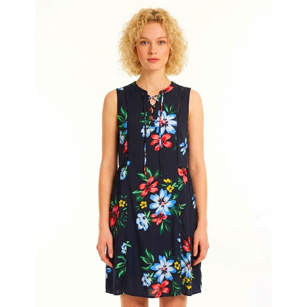 Old Navy Womens Dress M Black Floral V-Neck Sleeveless TieNeck eyelet lace trim